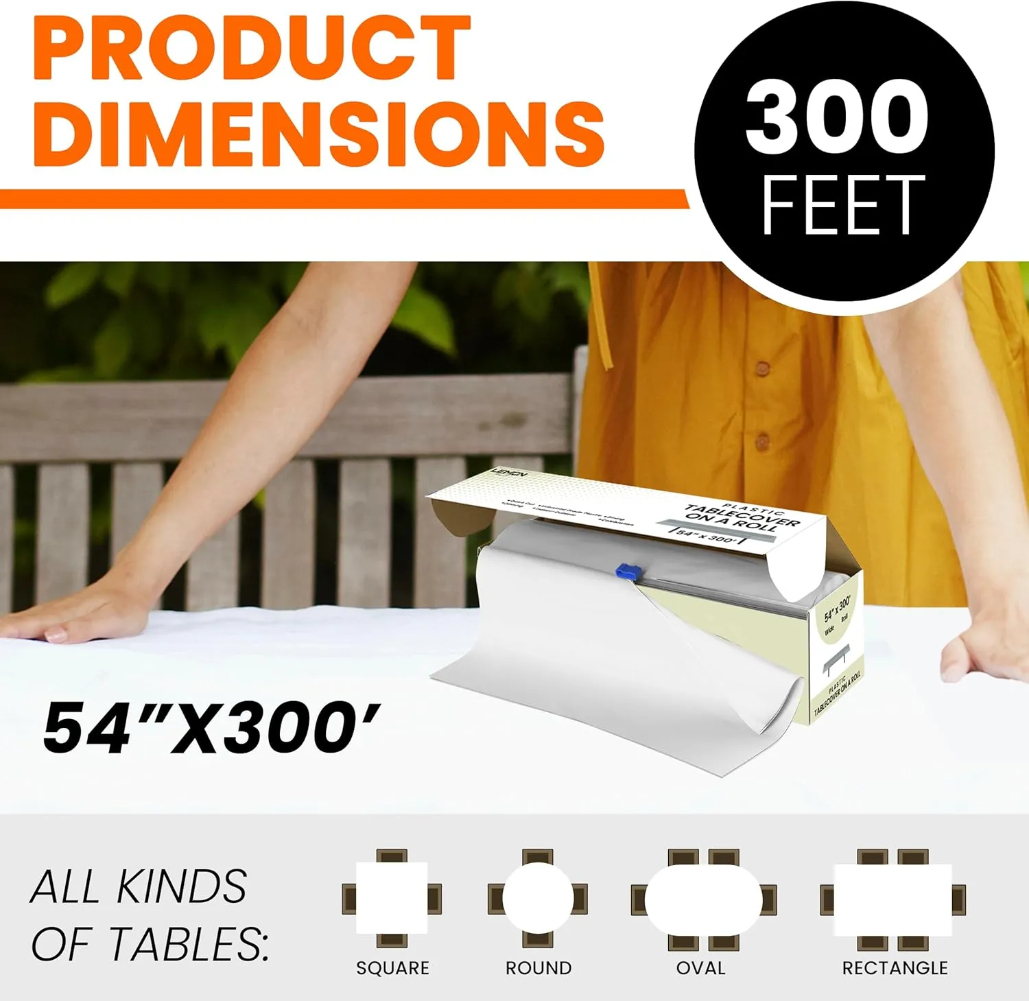 White Premium Plastic Tablecloth Roll - 54" x300' for Parties with Cutter Box - Cut to Size Rectangle & Round Disposable Tablecloth Plastic Table Cover