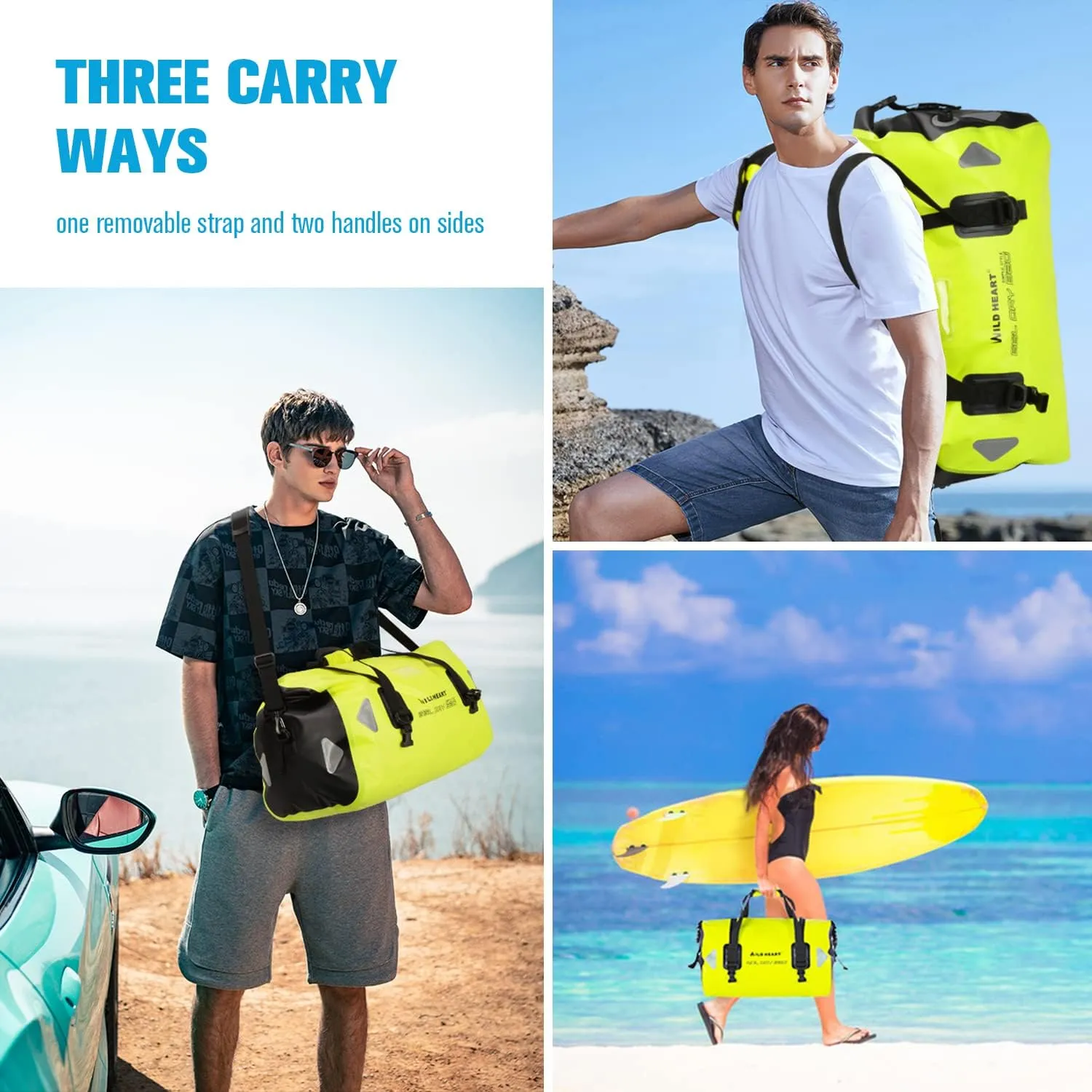 WILD HEART Waterproof Motorcycle Duffel Bag PVC500D Double-bottom With Rope Straps and Inner Pocket 40L 66L 100L for Kayaking, Camping, Boating,Motorcycle