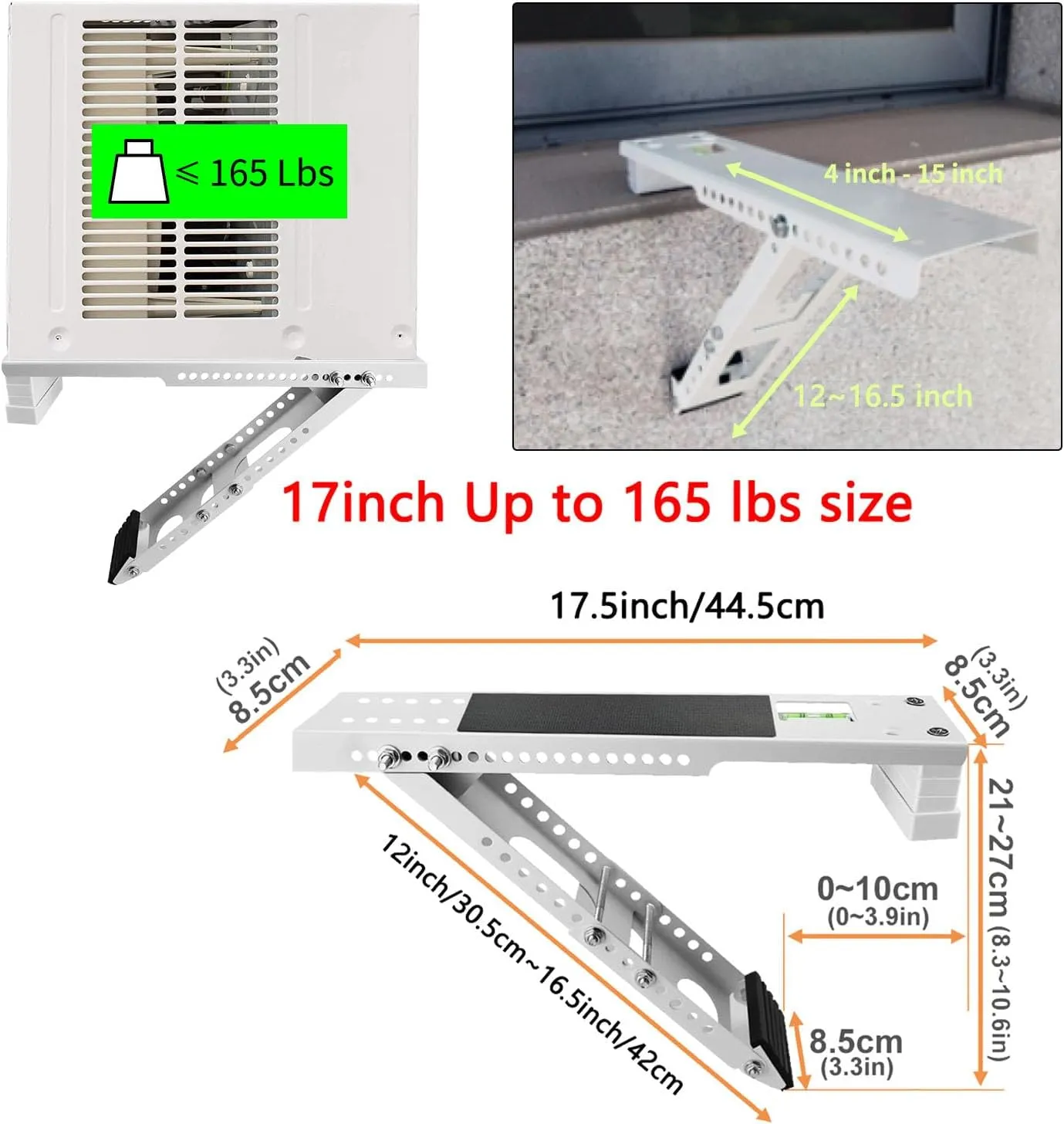 Window Air Conditioner Support Bracket,Adjustable Anti-slip shock-absorbing mat Window AC Safe Support Bracket Installs From Inside the House Built-in bubble level window AC Mount Bracket up to 165lbs
