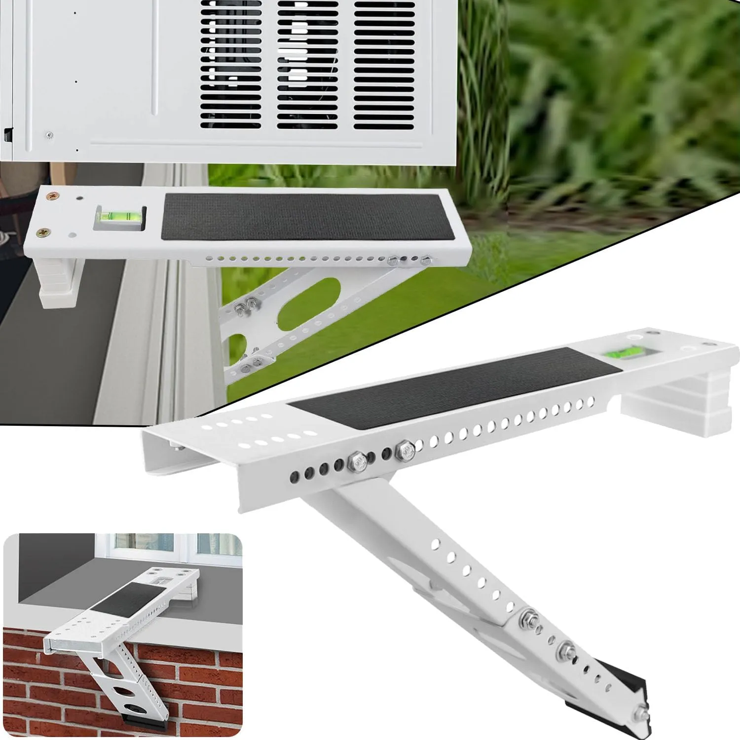Window Air Conditioner Support Bracket,Adjustable Anti-slip shock-absorbing mat Window AC Safe Support Bracket Installs From Inside the House Built-in bubble level window AC Mount Bracket up to 165lbs