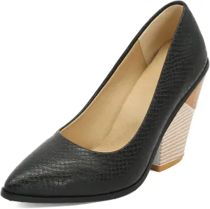 Women Chunky Stacked High Heel Pumps Pointed Toe Animal Print Snakeskin Comfort Slip On Dress Shoes