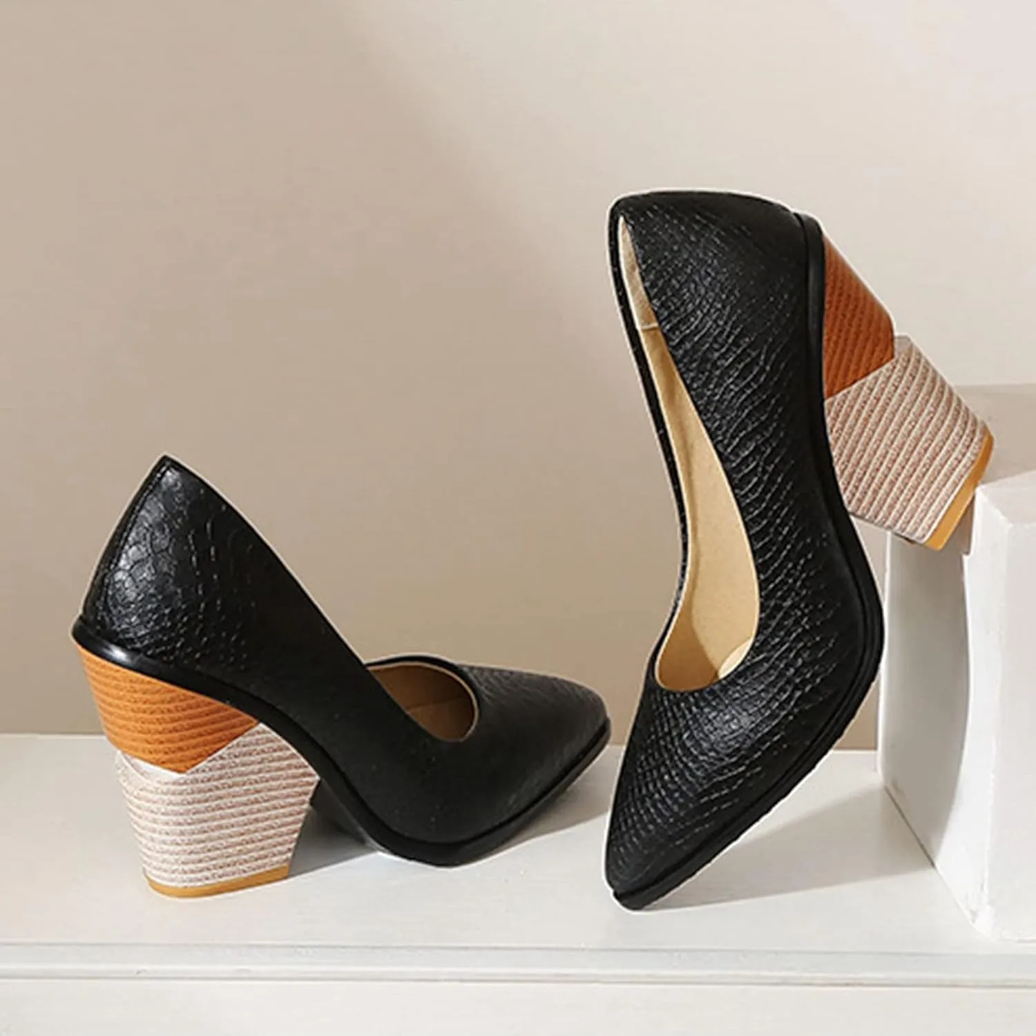 Women Chunky Stacked High Heel Pumps Pointed Toe Animal Print Snakeskin Comfort Slip On Dress Shoes