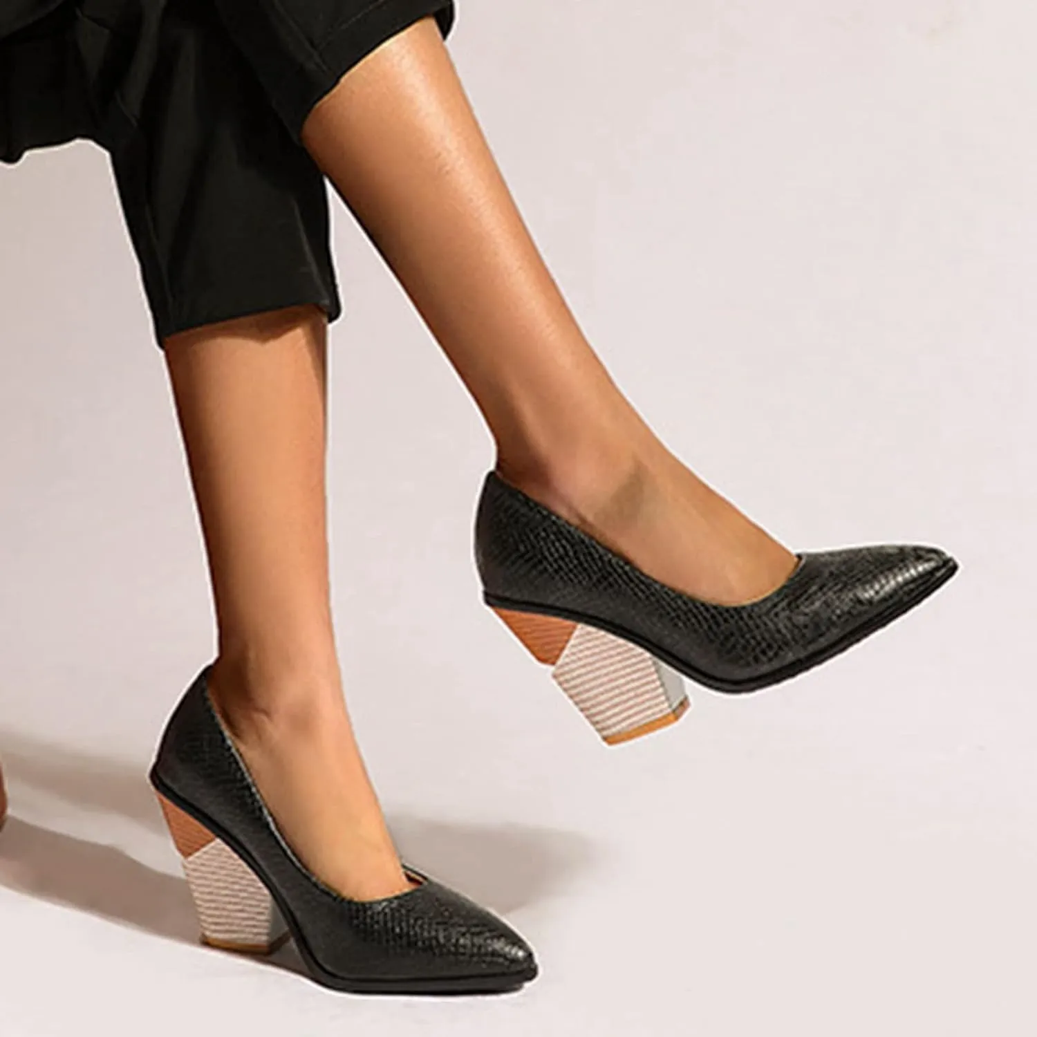 Women Chunky Stacked High Heel Pumps Pointed Toe Animal Print Snakeskin Comfort Slip On Dress Shoes