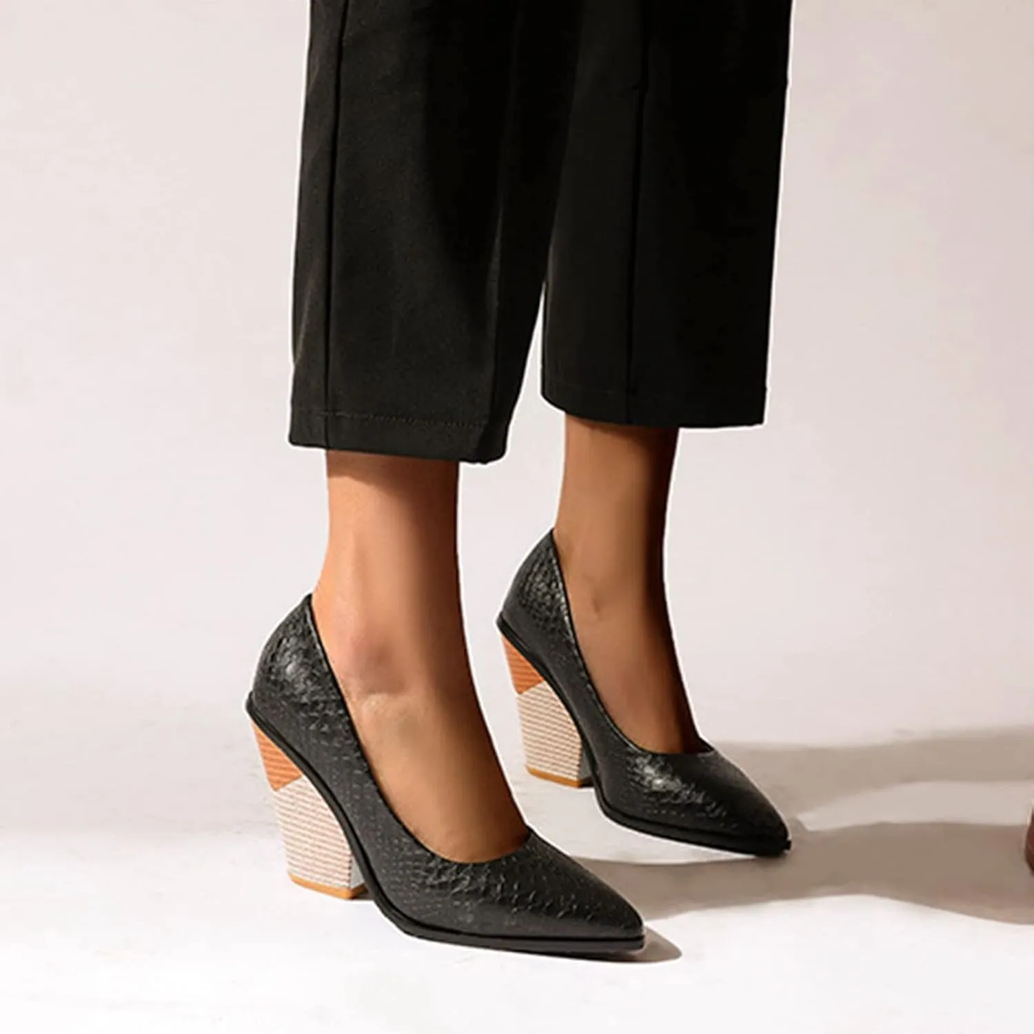 Women Chunky Stacked High Heel Pumps Pointed Toe Animal Print Snakeskin Comfort Slip On Dress Shoes