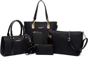 Women Handbag Nylon Leather Shoulder Bag Tote Bags Wallet Key Case Clutch 6 Pcs Set
