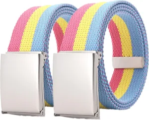 Women Men Canvas Web Belt Size Up to 71" with Flip Top Solid Matte Silver Military Buckle, 2 Pack