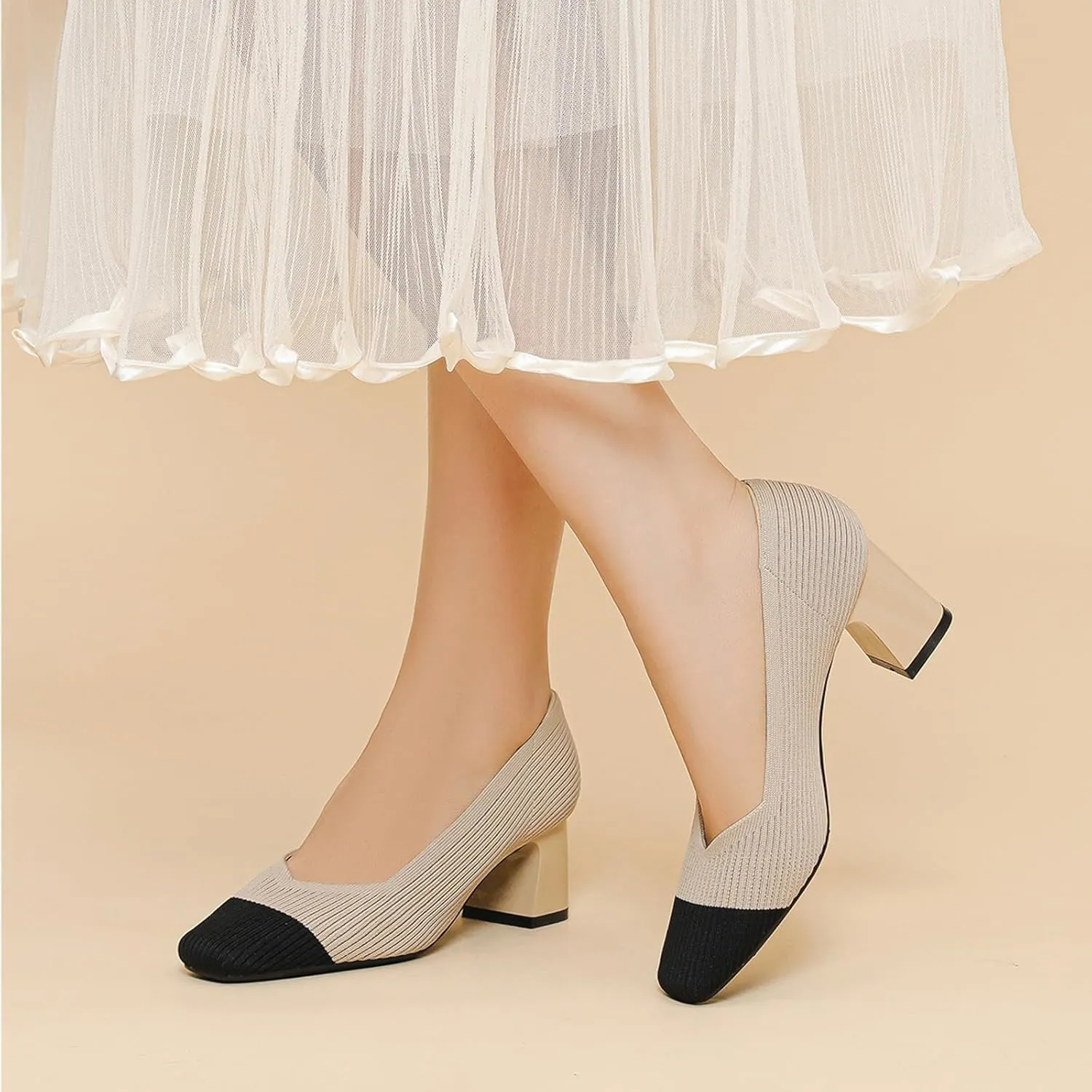 Women Pumps Block Heels Square Toe Knitted Comfortable Heel for Women Slip On Work Shoes for Woman Dress Classic Shoes Walk Office