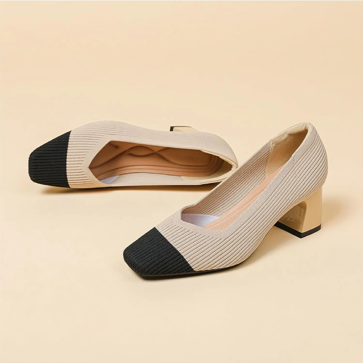 Women Pumps Block Heels Square Toe Knitted Comfortable Heel for Women Slip On Work Shoes for Woman Dress Classic Shoes Walk Office