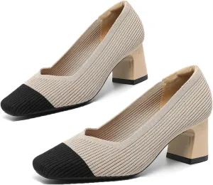 Women Pumps Block Heels Square Toe Knitted Comfortable Heel for Women Slip On Work Shoes for Woman Dress Classic Shoes Walk Office