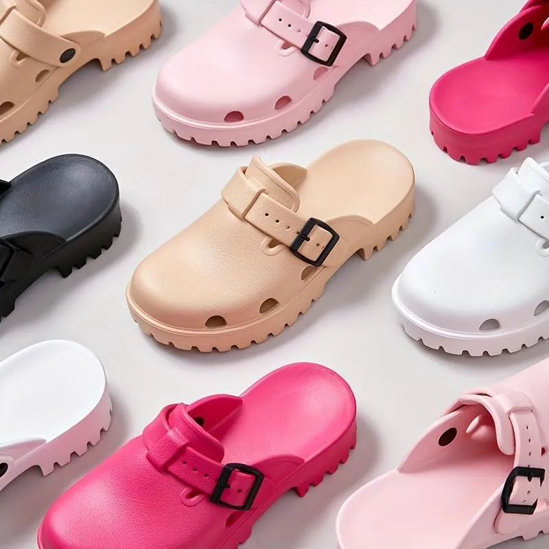 Women's Arch Support Clogs, Solid Color Hollow Out Anti-Slip Garden Shoes, Casual Outdoor Summer Slide Shoes