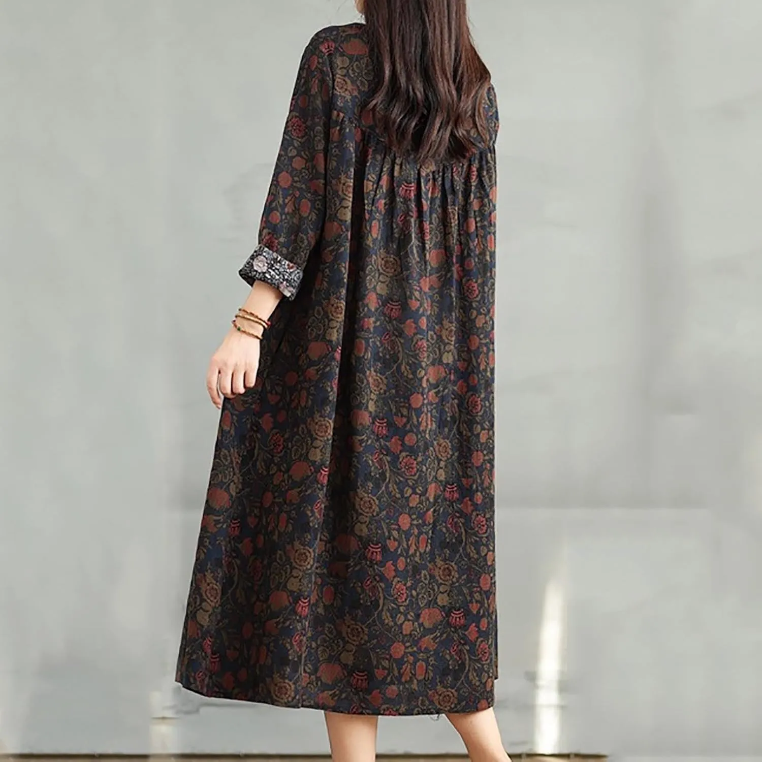 Womens Boho Floral Midi Dress Casual Long Sleeve A-Line Cotton Linen Dress Swing Pleated Flowly Beach Tunic Sundress