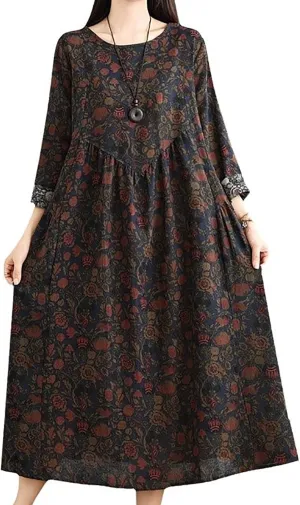 Womens Boho Floral Midi Dress Casual Long Sleeve A-Line Cotton Linen Dress Swing Pleated Flowly Beach Tunic Sundress