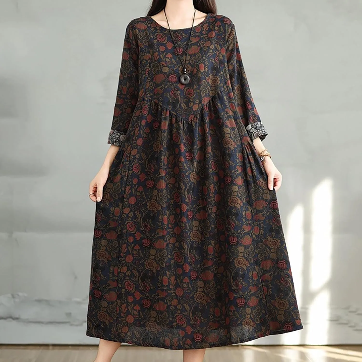 Womens Boho Floral Midi Dress Casual Long Sleeve A-Line Cotton Linen Dress Swing Pleated Flowly Beach Tunic Sundress