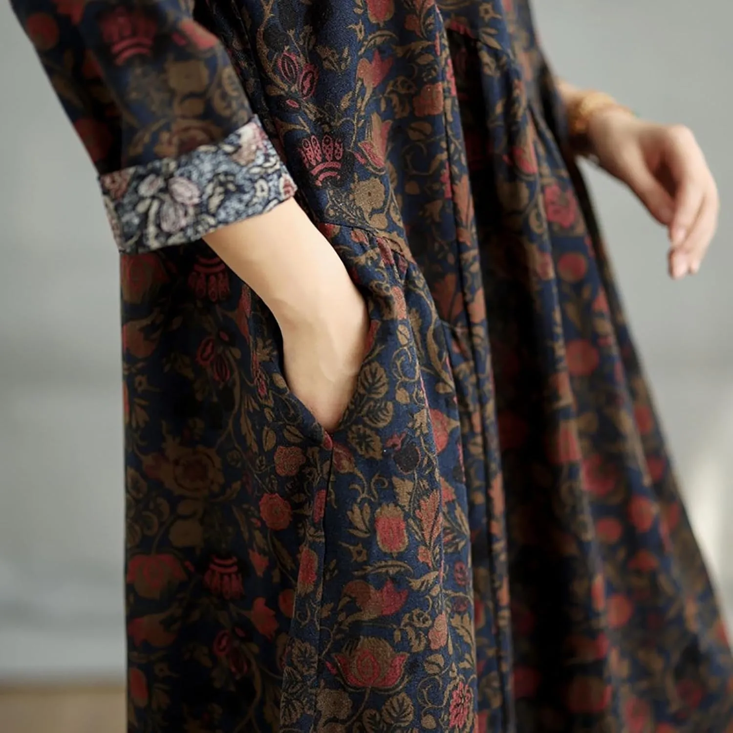 Womens Boho Floral Midi Dress Casual Long Sleeve A-Line Cotton Linen Dress Swing Pleated Flowly Beach Tunic Sundress