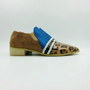 Womens Fashion Size 9 Blue Faux Leather Cheetah Suede Heeled Loafer Shoes