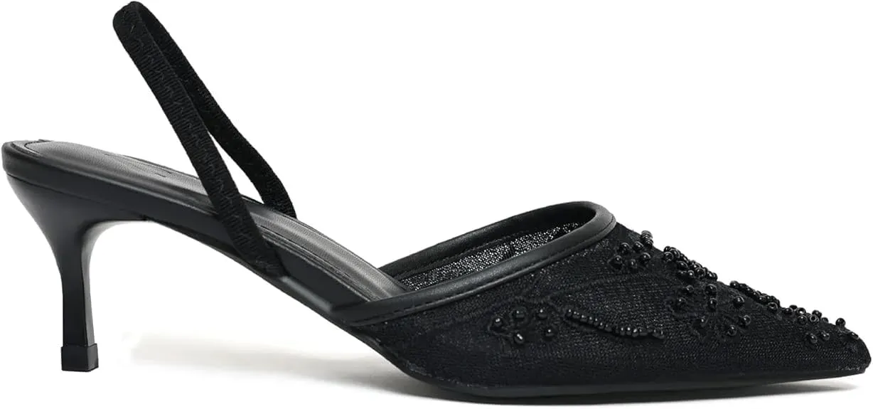 Women's Mesh Floral Embroidered Slingback Heels with Pearl Studded Pointed Toe Beads Kitten Heels for Women Perfect for Parties & Formal Events