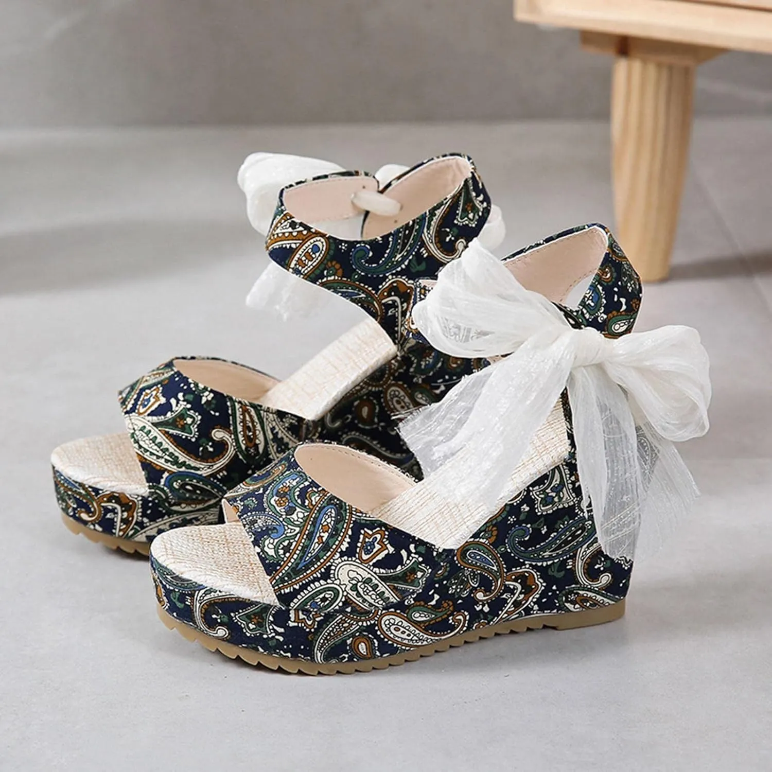 Women's Platform Sandals Wedge Open Toe Ankle Strap Lace Wedding Bridesmaid Shoes Wide Width Low Heel Summer Casual Bohemia