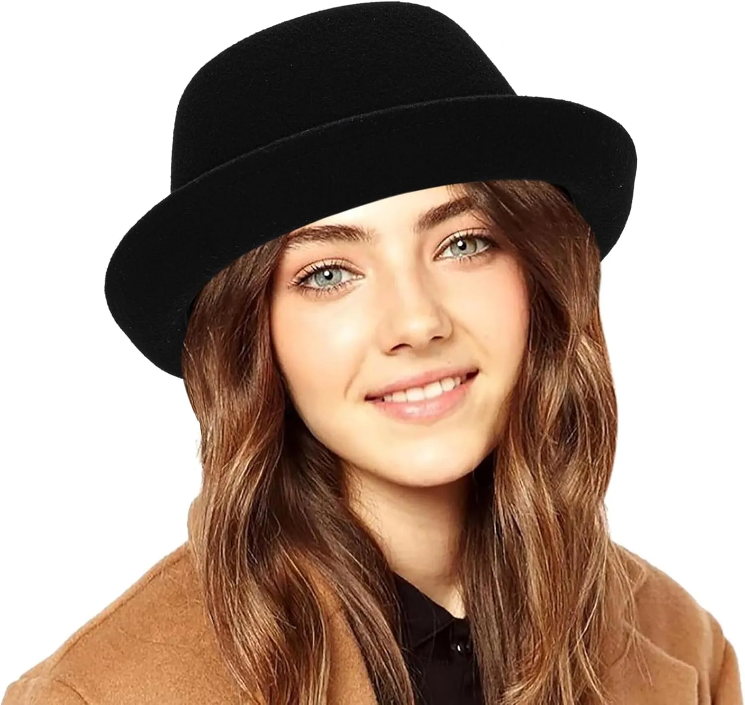 Womens Pure Wool Felt Cloche Hats Roll-up Brim Fedora Porkpie Hats Bowtie Noble Derby Hat S/M