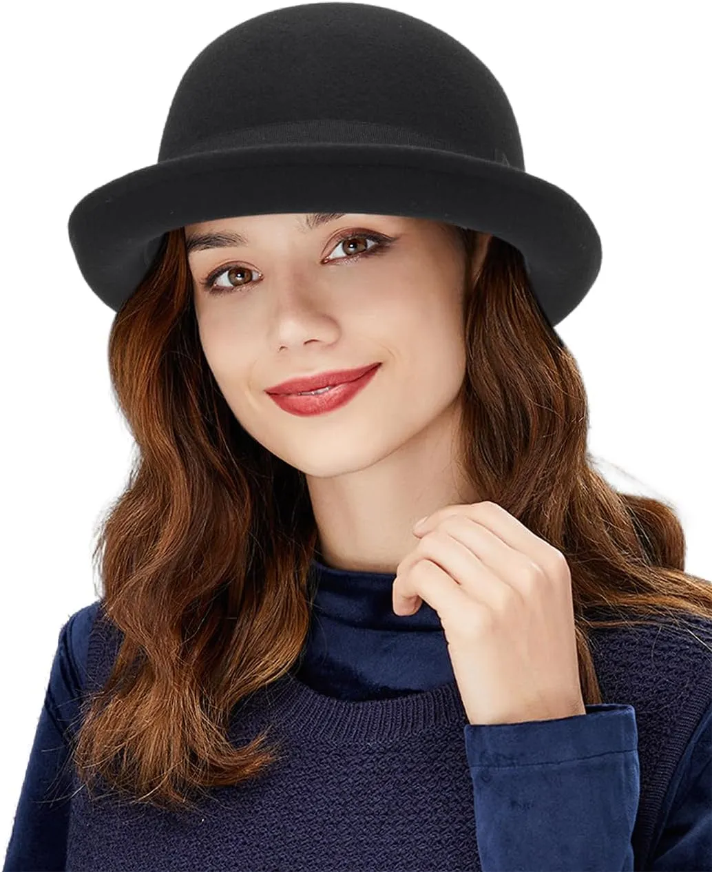 Womens Pure Wool Felt Cloche Hats Roll-up Brim Fedora Porkpie Hats Bowtie Noble Derby Hat S/M