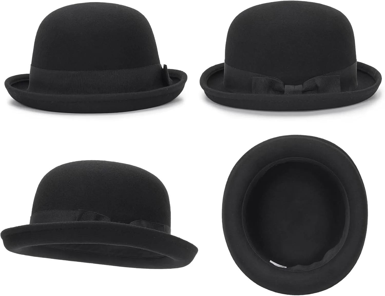 Womens Pure Wool Felt Cloche Hats Roll-up Brim Fedora Porkpie Hats Bowtie Noble Derby Hat S/M