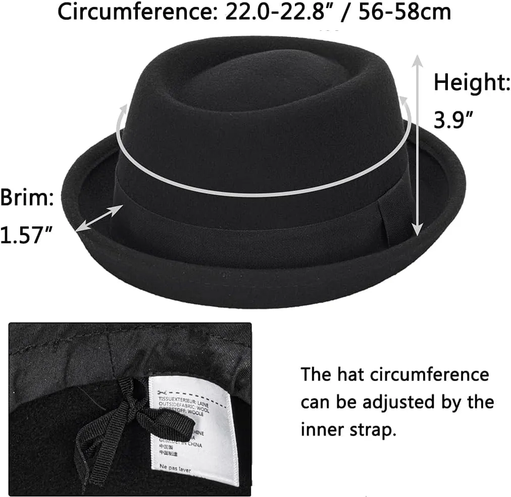 Womens Pure Wool Felt Cloche Hats Roll-up Brim Fedora Porkpie Hats Bowtie Noble Derby Hat S/M