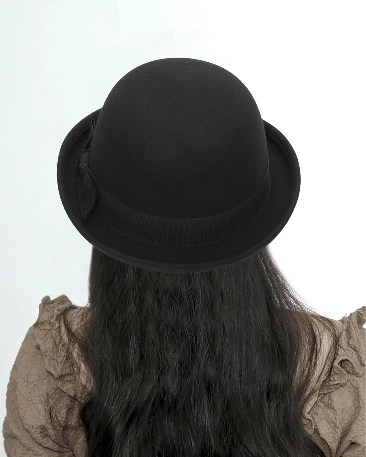 Womens Pure Wool Felt Cloche Hats Roll-up Brim Fedora Porkpie Hats Bowtie Noble Derby Hat S/M