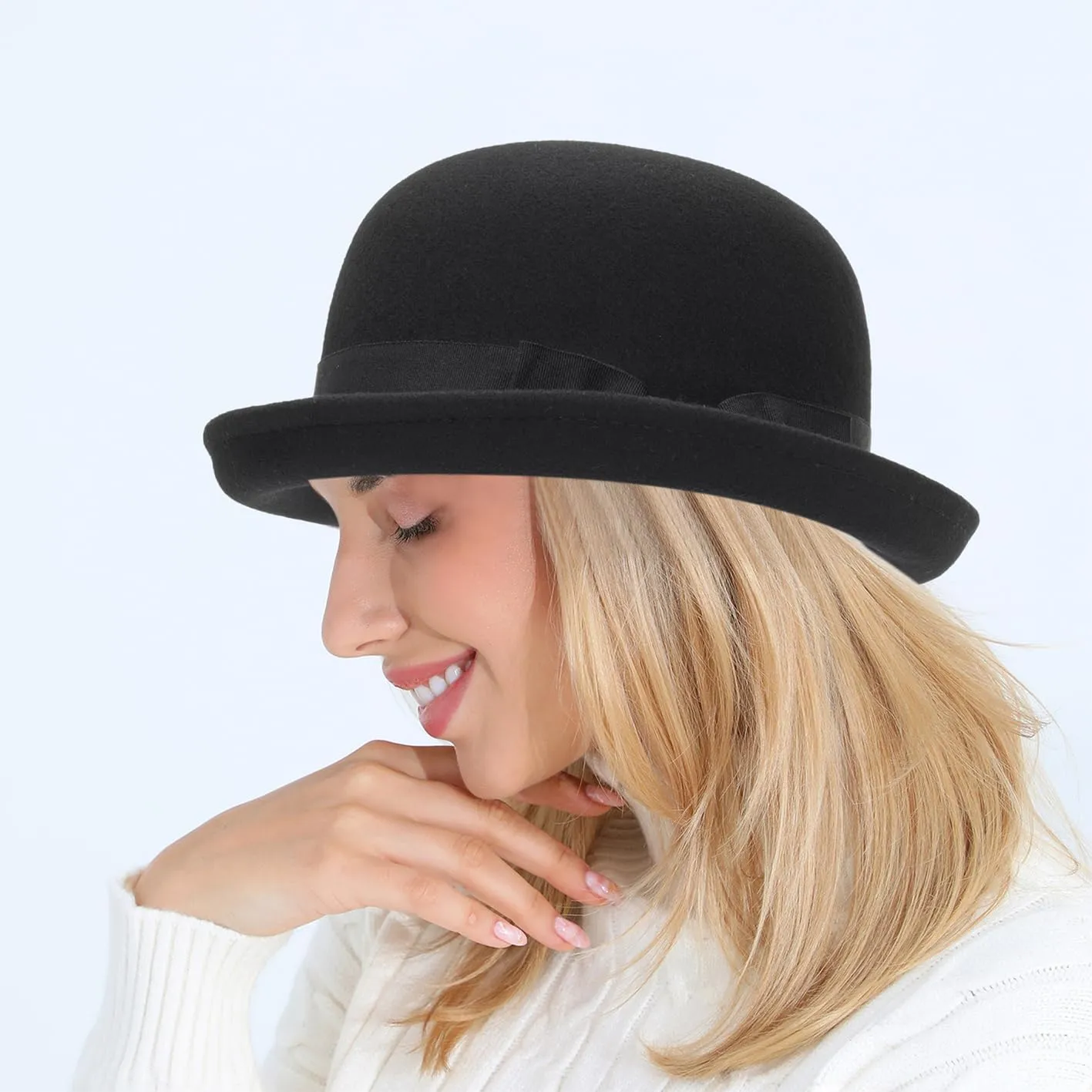 Womens Pure Wool Felt Cloche Hats Roll-up Brim Fedora Porkpie Hats Bowtie Noble Derby Hat S/M