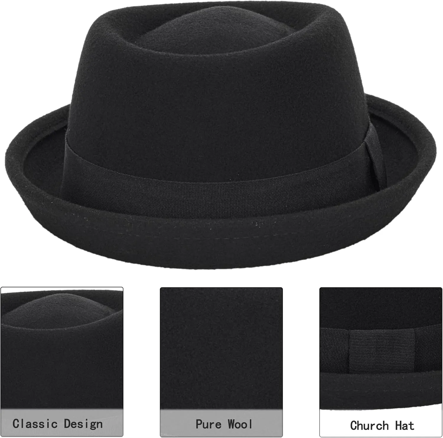 Womens Pure Wool Felt Cloche Hats Roll-up Brim Fedora Porkpie Hats Bowtie Noble Derby Hat S/M