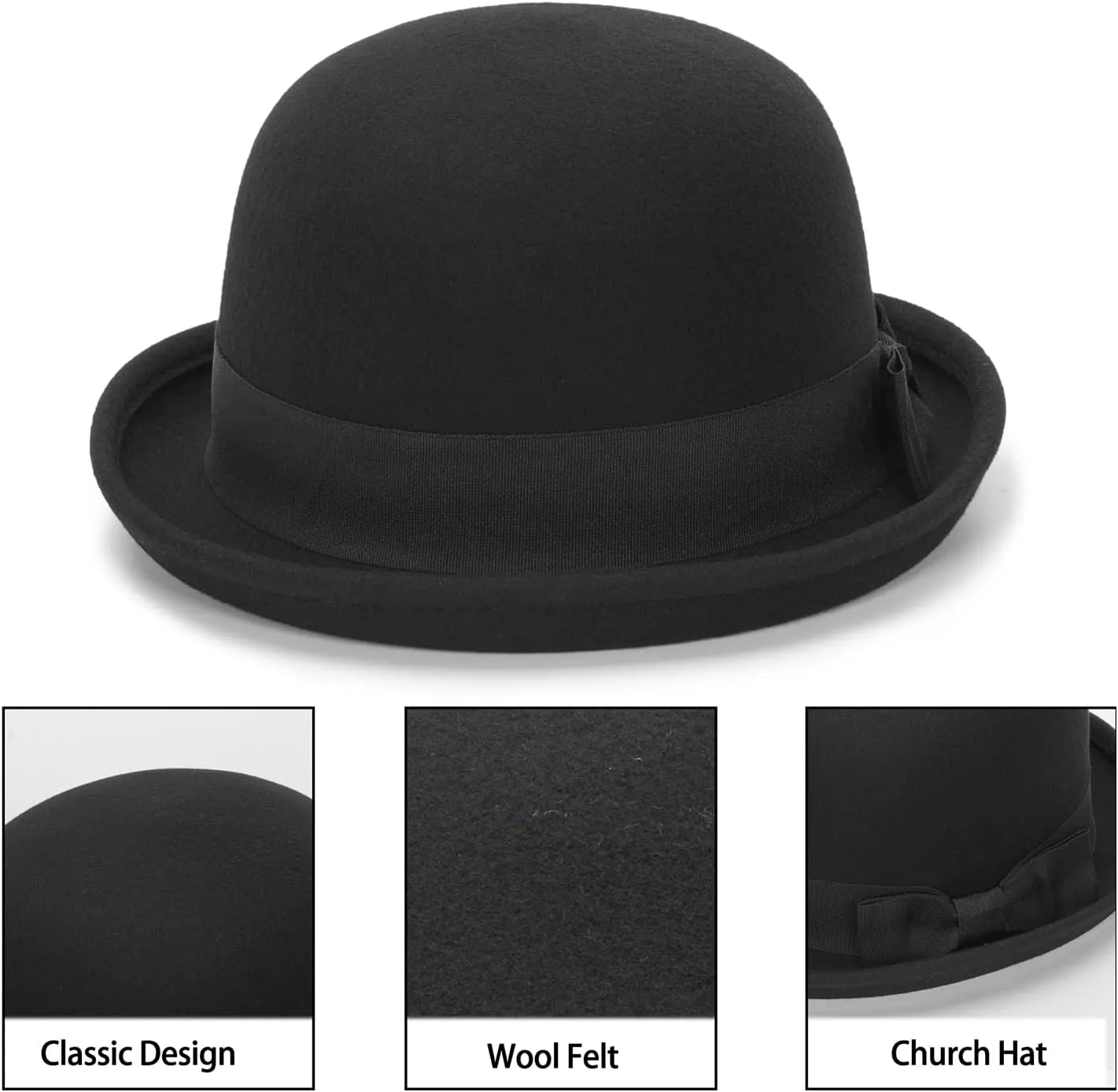 Womens Pure Wool Felt Cloche Hats Roll-up Brim Fedora Porkpie Hats Bowtie Noble Derby Hat S/M