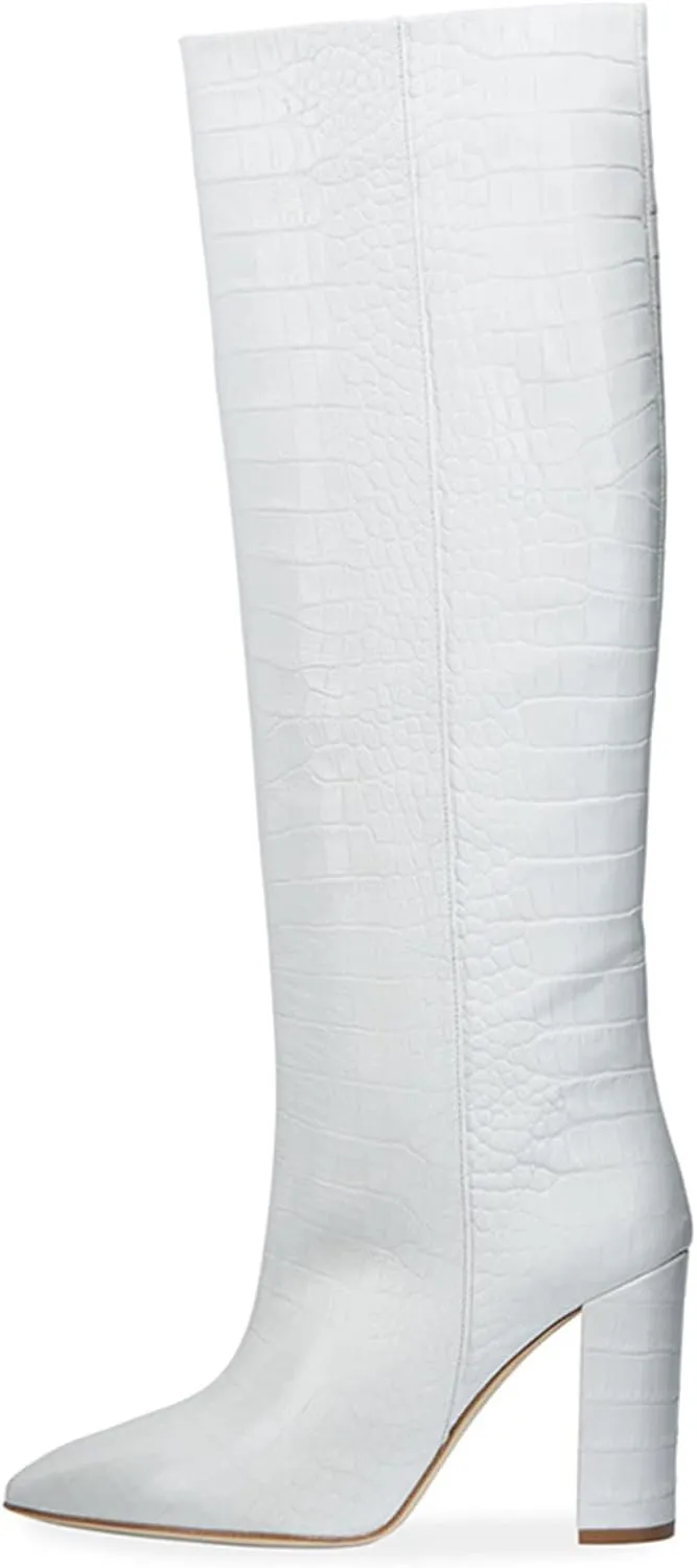 Womens Thigh High Boots Fashion Purple Crocodile Pattern Leather Slip On Chunky Heeled Booties Winter Wearing Booties Sexy Stripper Club Party Prom Pumps,White,35