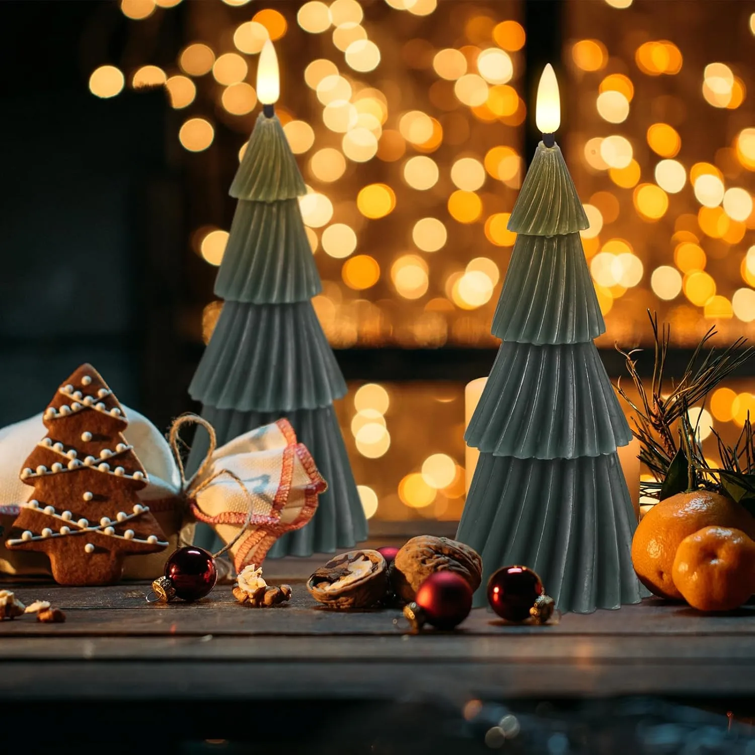Wondise Christmas Tree Flameless Candles with 6hrs Timer, Real Wax Battery Operated 3D Wick LED Candles Flameless Flickering Candles for Christmas Holiday Decor (2 pcs 3" x 7.1")