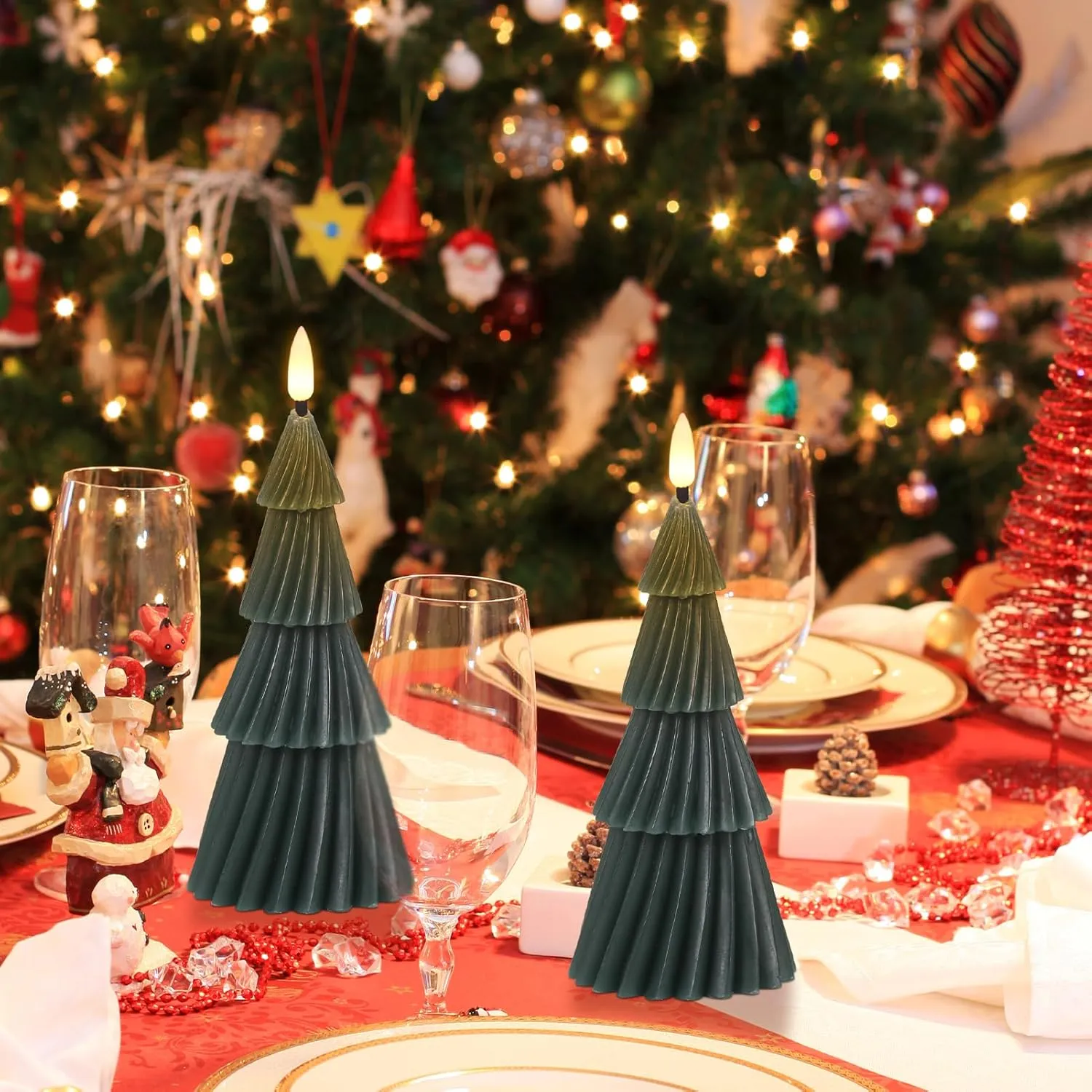 Wondise Christmas Tree Flameless Candles with 6hrs Timer, Real Wax Battery Operated 3D Wick LED Candles Flameless Flickering Candles for Christmas Holiday Decor (2 pcs 3" x 7.1")