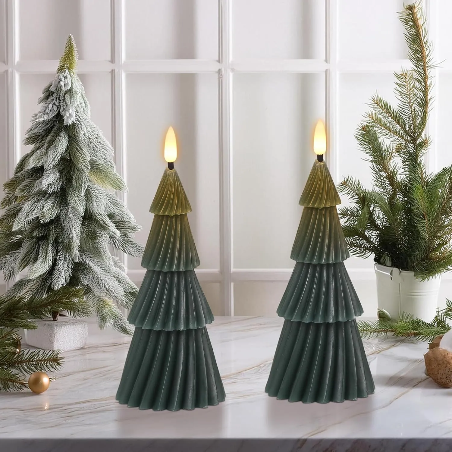 Wondise Christmas Tree Flameless Candles with 6hrs Timer, Real Wax Battery Operated 3D Wick LED Candles Flameless Flickering Candles for Christmas Holiday Decor (2 pcs 3" x 7.1")
