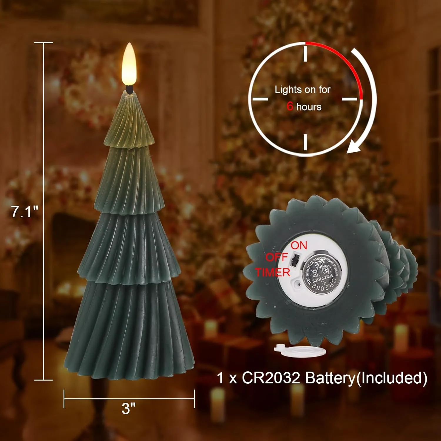 Wondise Christmas Tree Flameless Candles with 6hrs Timer, Real Wax Battery Operated 3D Wick LED Candles Flameless Flickering Candles for Christmas Holiday Decor (2 pcs 3" x 7.1")