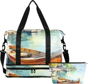 Wooden Boat Lake Gym Bag for Women & Men,Duffel Bag with Shoe Pocket,Weekender Overnight Bag with Trolley Sleeve for Travel 21216429