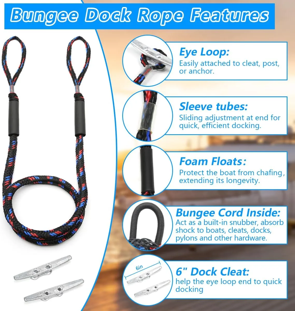 XITAO Bungee Dock Line, Mooring Rope, Boat & Pontoon Accessories, Boat Dock Ropes for Docking Boats and PWC, Packed with 2 Dock Cleat
