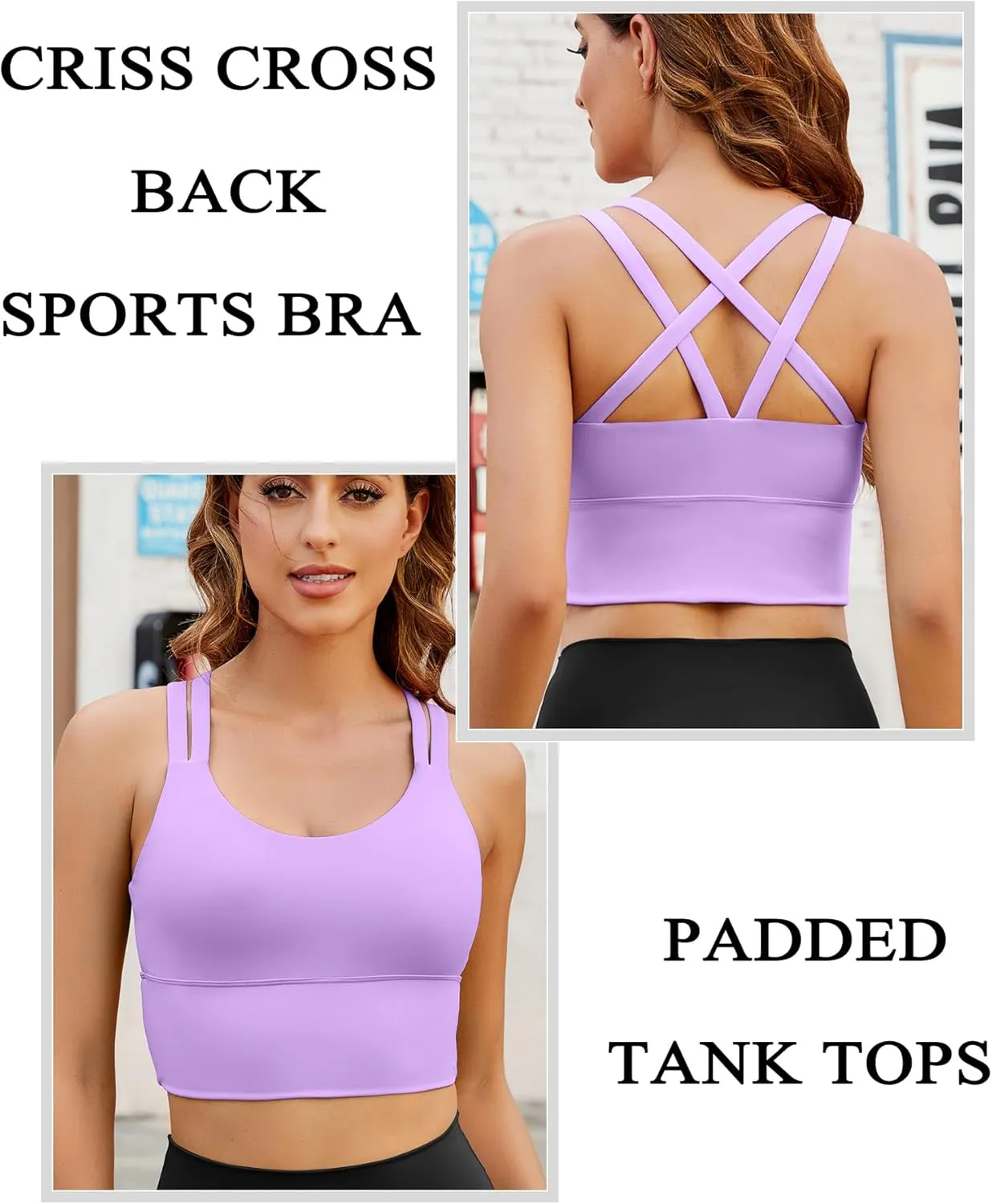 XUNYU Strappy Sports Bra for Women Longline Padded Workout Tops High Impact Yoga Bras Criss Cross Back Crop Tank
