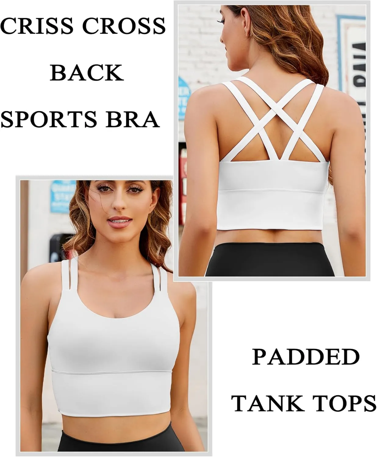 XUNYU Strappy Sports Bra for Women Longline Padded Workout Tops High Impact Yoga Bras Criss Cross Back Crop Tank