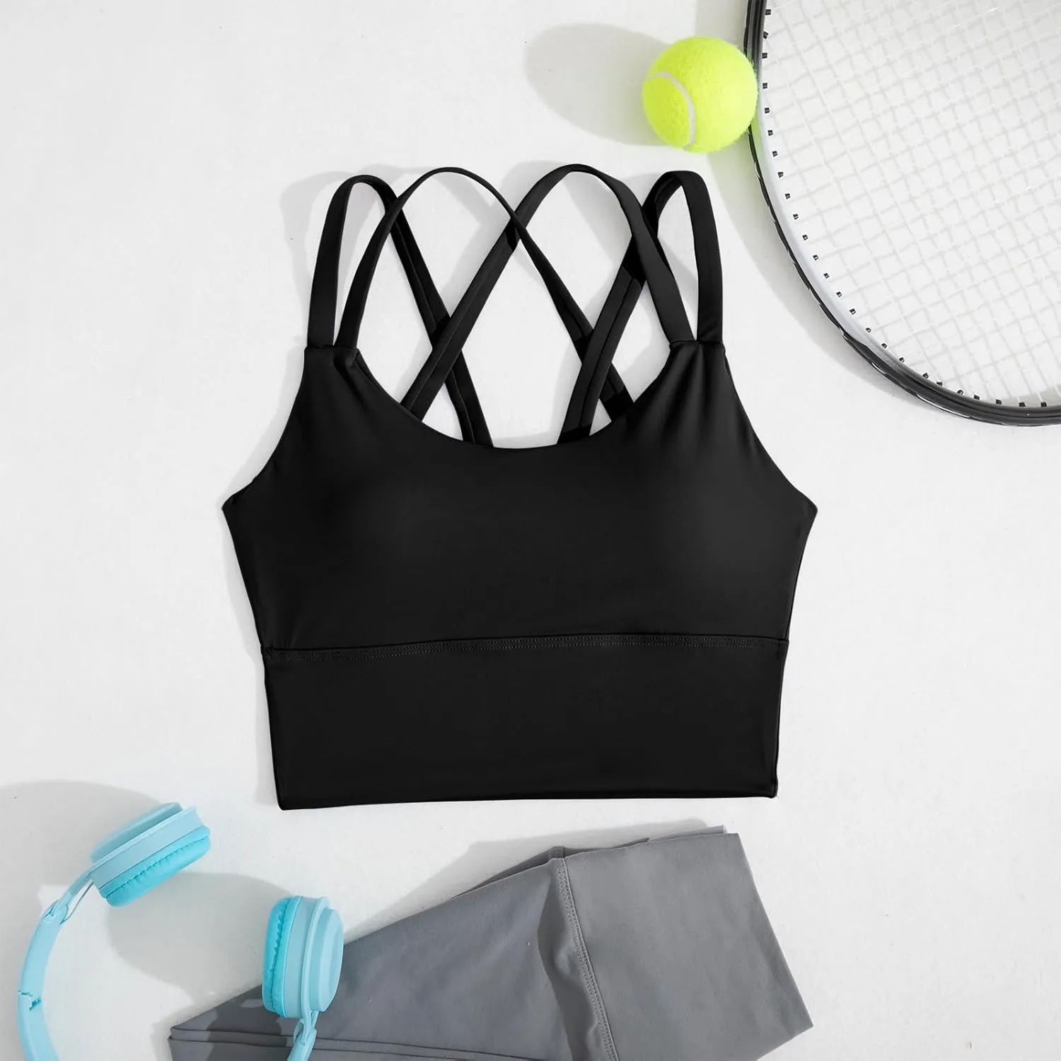 XUNYU Strappy Sports Bra for Women Longline Padded Workout Tops High Impact Yoga Bras Criss Cross Back Crop Tank