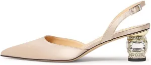 XYD Women Pointed Toe Slingback Office Party Pumps Back Buckle Strap Slip-on Chunky Low Heel Sandals Crystal Shoes