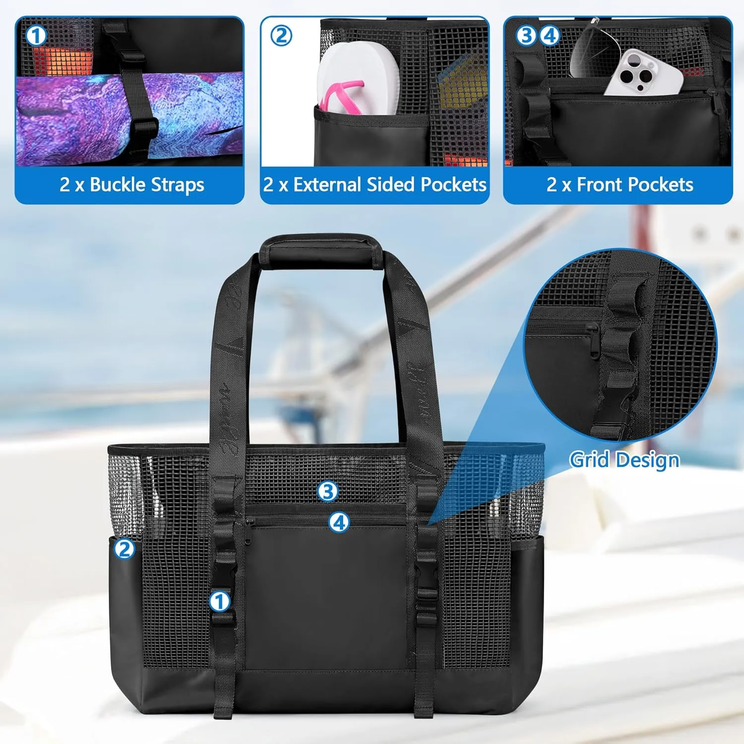Yarwo Boat Gear Tote Bag, 35.5L Waterproof Boat Accessories Organizer with Marine-grade Coated Mesh and Wet Dry Pockets, Marine Storage Bag for Boating, Kayaking, Fishing, Trunk, Camping, Black