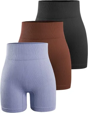 YNNTHY Women's 3 Piece Workout Shorts Yoga Seamless Ribbed High Waisted Spandex Booty Biker Shorts