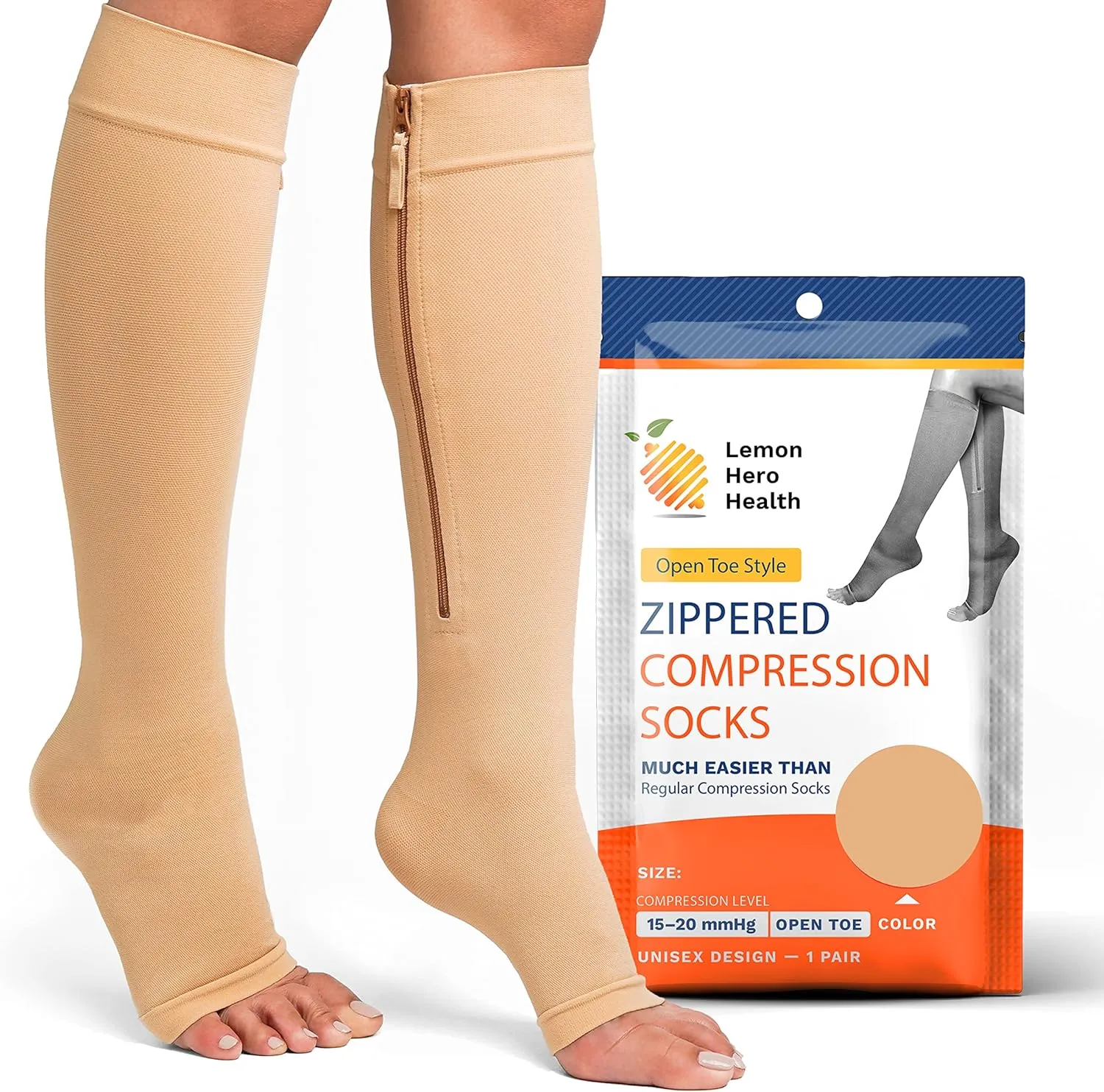 Zipper Compression Socks for Women and Men Open Toe 20-30mmhg Medical Zippered Compression Socks with Zip Guard for Skin Protection (5XL, Beige)