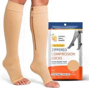 Zipper Compression Socks for Women and Men Open Toe 20-30mmhg Medical Zippered Compression Socks with Zip Guard for Skin Protection (5XL, Beige)