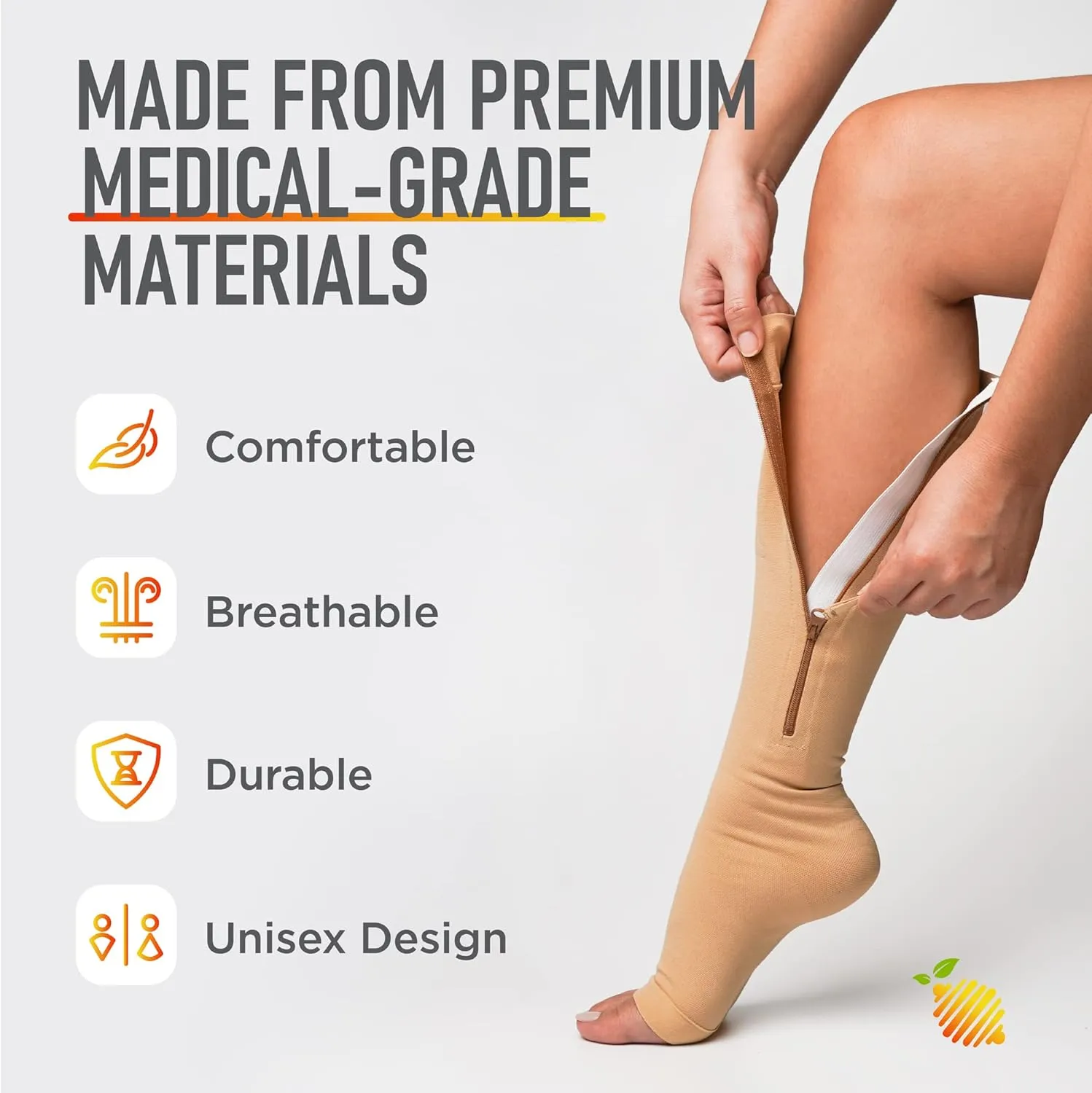 Zipper Compression Socks for Women and Men Open Toe 20-30mmhg Medical Zippered Compression Socks with Zip Guard for Skin Protection (5XL, Beige)