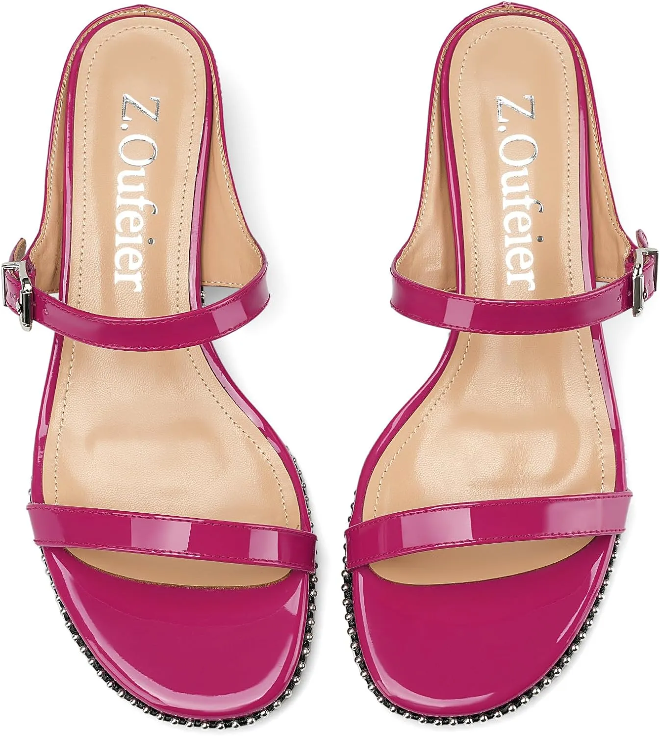 Z.Oufeier Women's Two Strap Low Kitten Heels Studded Sandals Open Toe Heeled Strappy Beaded Buckle Slip On Dressy Mules Shoes