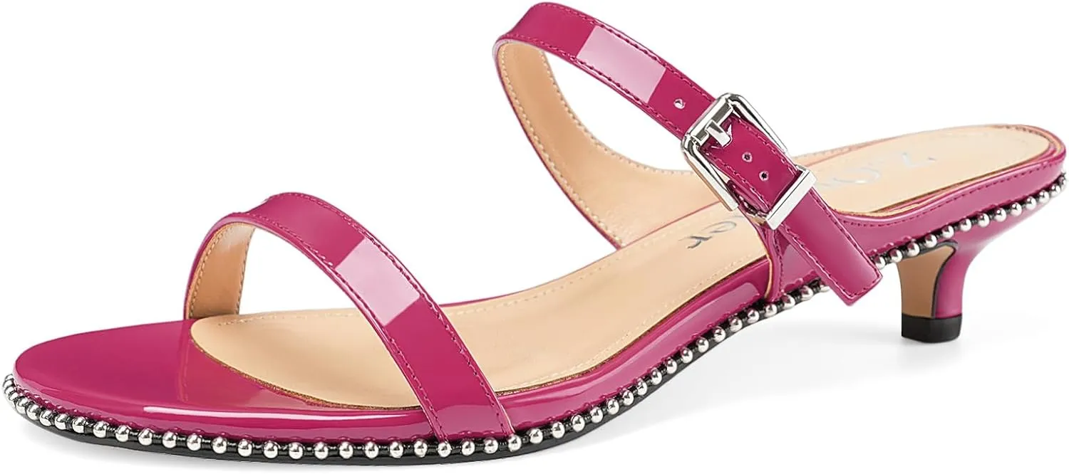 Z.Oufeier Women's Two Strap Low Kitten Heels Studded Sandals Open Toe Heeled Strappy Beaded Buckle Slip On Dressy Mules Shoes