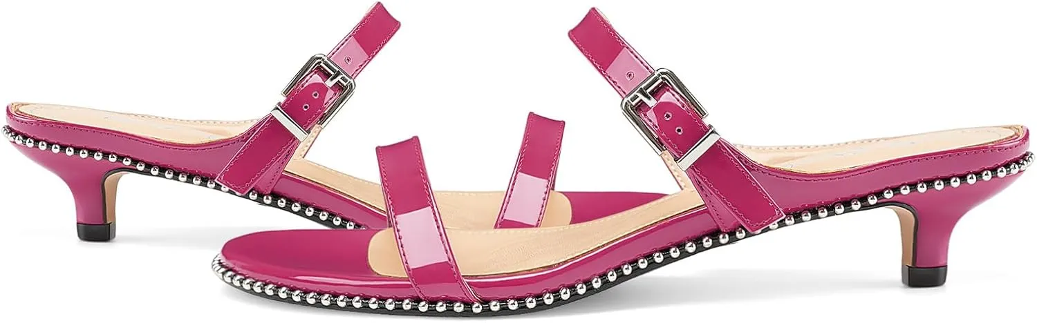 Z.Oufeier Women's Two Strap Low Kitten Heels Studded Sandals Open Toe Heeled Strappy Beaded Buckle Slip On Dressy Mules Shoes